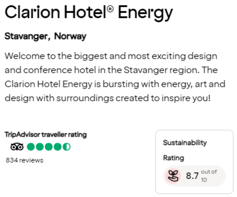 Clarion Hotel Energy sustainability rating on TripAdvisor