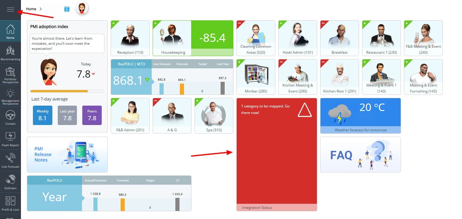 Home page in PMI with an alert that accounts need to be mapped.