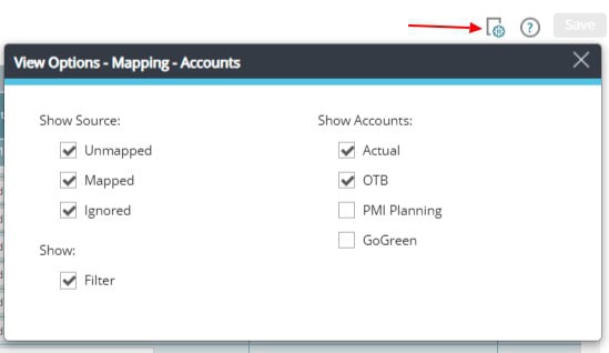 Image of View options dropdown while mapping accounts in PMI.