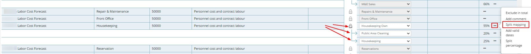 Image of Housekeeping department being split into several segments while Mapping accounts in PMI.