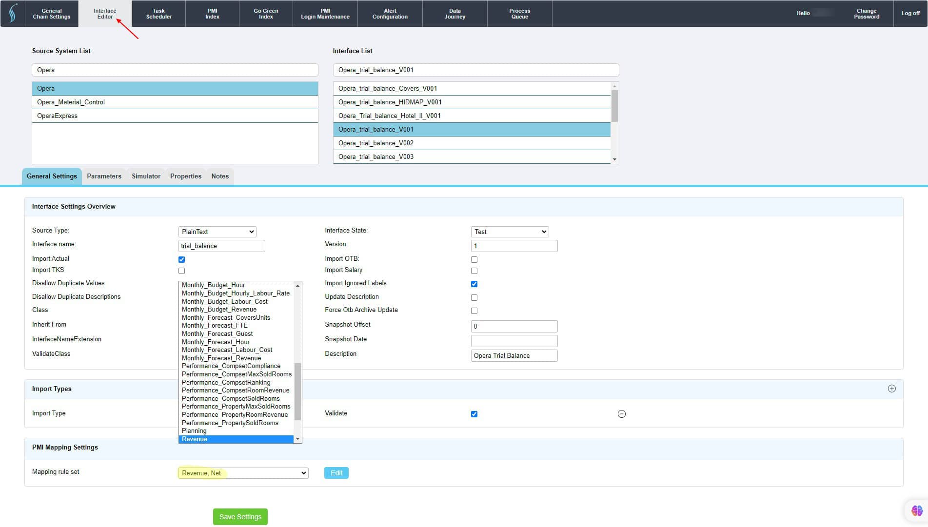 Image of the Interface Editor in the PMI Data Integration Site.