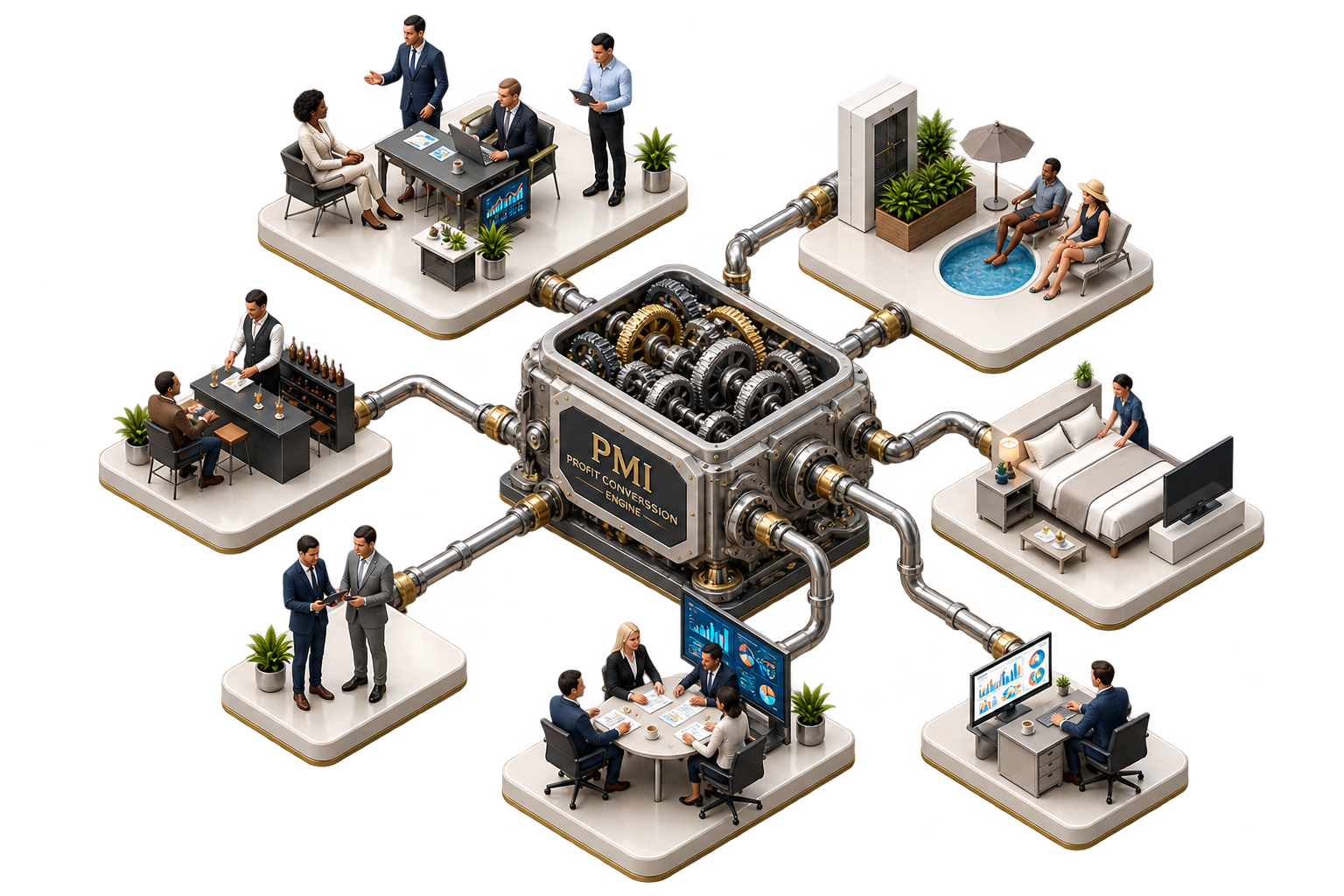 PMI Profit Conversion Engine connecting hotel leadership, planning, guest rooms, food and beverage, sustainability and performance management.