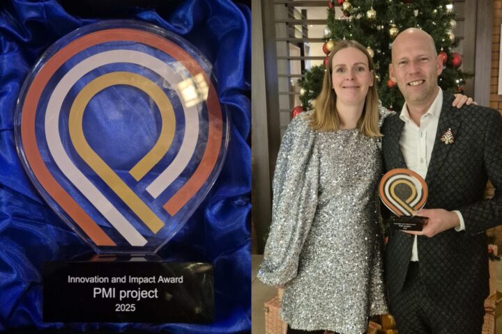 Tim Bol and Nienke Daghfal-Veldman holding the 2025 Innovation and Impact Award beside a close-up of the trophy.