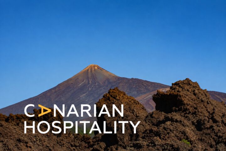 Canarian Hospitality logo over a volcanic Tenerife landscape.