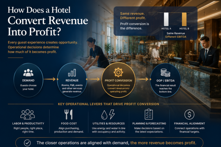Hotel profit-conversion flow from demand and revenue through operational decisions to GOP and EBITDA