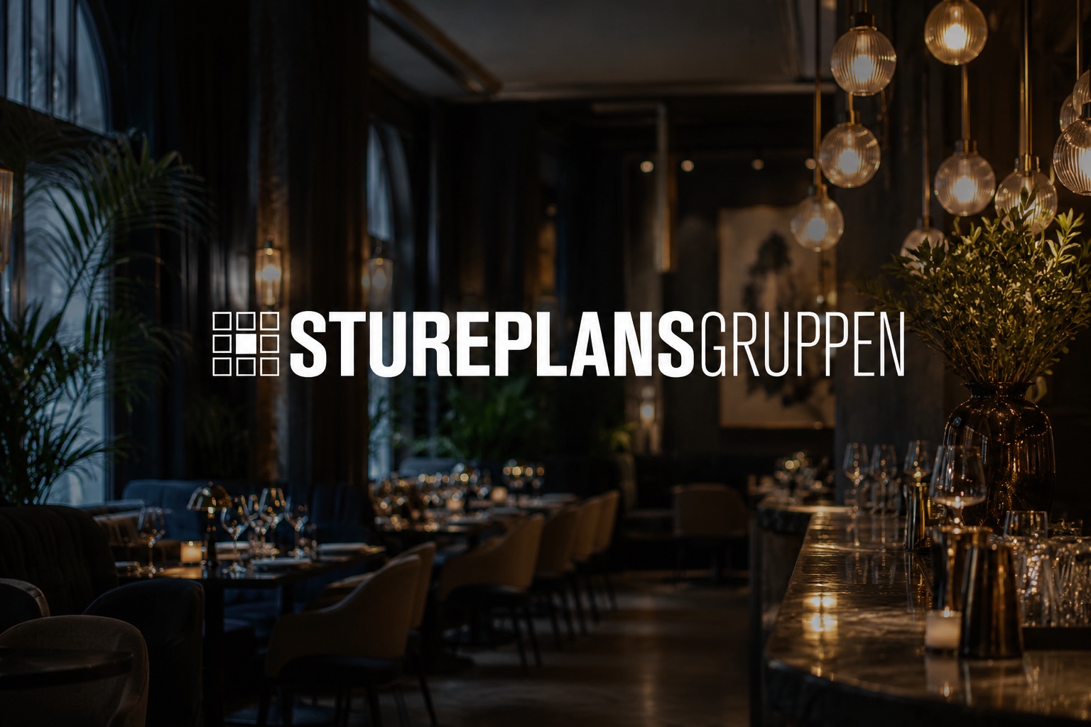Stureplansgruppen logo over an atmospheric restaurant interior.