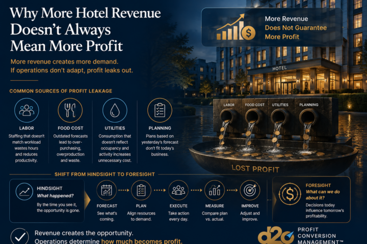 Hotel profit-leakage infographic showing labor, food cost, utilities and planning as operational levers